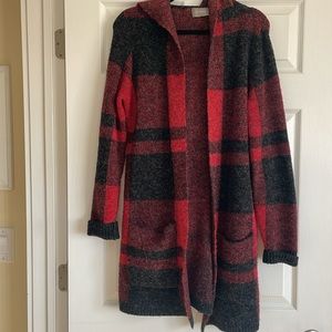 CYRUS hooded plaid open cardigan w 2 front pockets